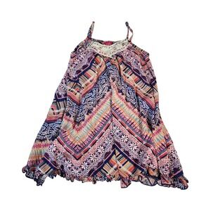 Pinky Womens Boho Geometric Floral Lace Neck Ruffle Hem Tank Top Blue Pink Sz 5